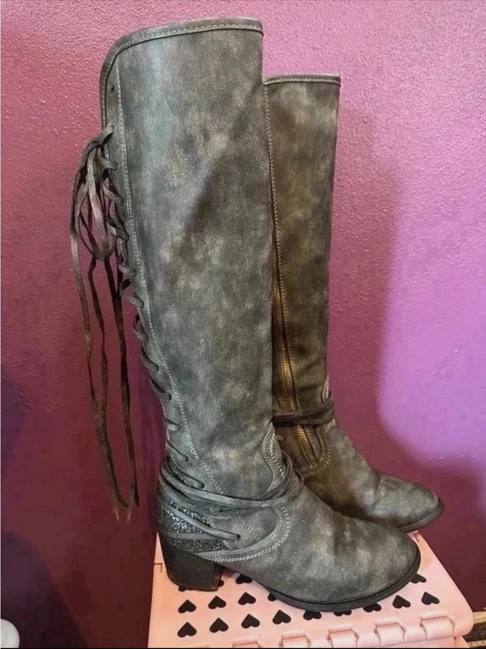 SouthernFriedChics Knee High Lace Up Corset Peekaboo Glitter Panel Heeled Boots